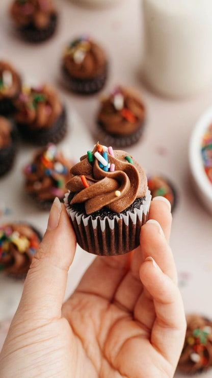 Hand holding a chocolate cupcake with colorful frosting against a blurred background of more cupcakes.